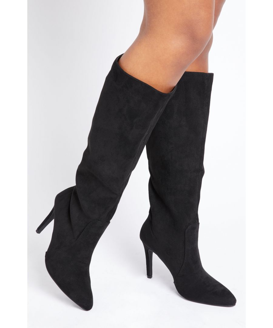 - Faux Suede  - Thin heel   - Wide leg boot  - Pointed toe  - Slip on style   - Heel height 3.5