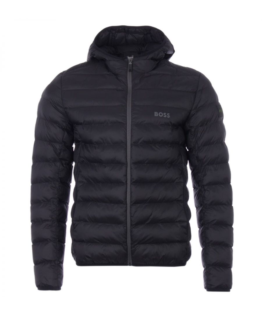 Functional and stylish this padded jacket from BOSS Athleisure is perfect to refresh your outerwear this season. Crafted from a water resistant nylon shell with a recycled polyester fill, keeping you warm and dry. Featuring a fixed hood, full zip closure, twin side slip pockets, an internal zip pocket and elasticated bound trims. Finished with the brand new BOSS logo printed at the chest and a logo patch to the left sleeve.Regular Fit , Water Repellent Nylon Shell, Recycled Polyester Fill, Full  Zip Closure, Twin Side Slip Pockets, Internal Pocket, Elasticated Bound Trims, BOSS Branding. Fit & Style:Regular Fit, Fits True to Size. Composition & Care:Shell: 100% Polyamide, Fill: 100% Recycled Polyester, Machine Wash.