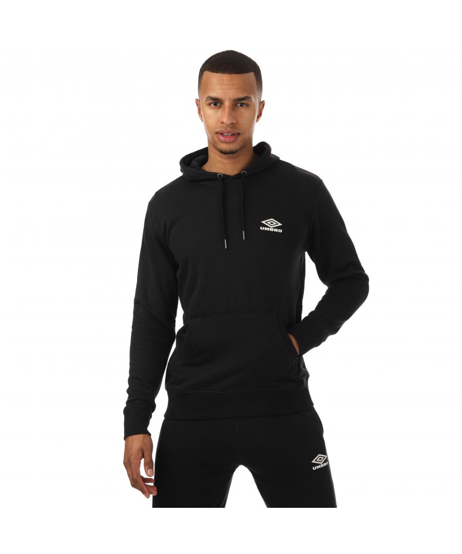 Mens Umbro Diamond Hoody in black.- Drawcord on hood.- Long sleeves.- Kangaroo style pocket to front.- Ribbed cuffs and hem.- Raised small logo print to chest.- 70% Cotton  30% Polyester.- Ref: UMJM0634OG2BLK