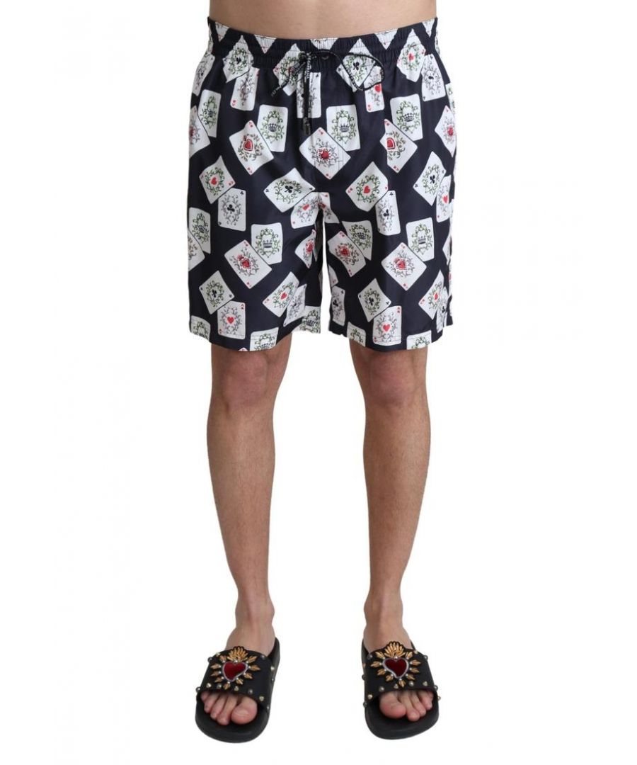 Dolce & Gabbana Mens Black Card Deck Print Beachwear Swimshorts - Size Small