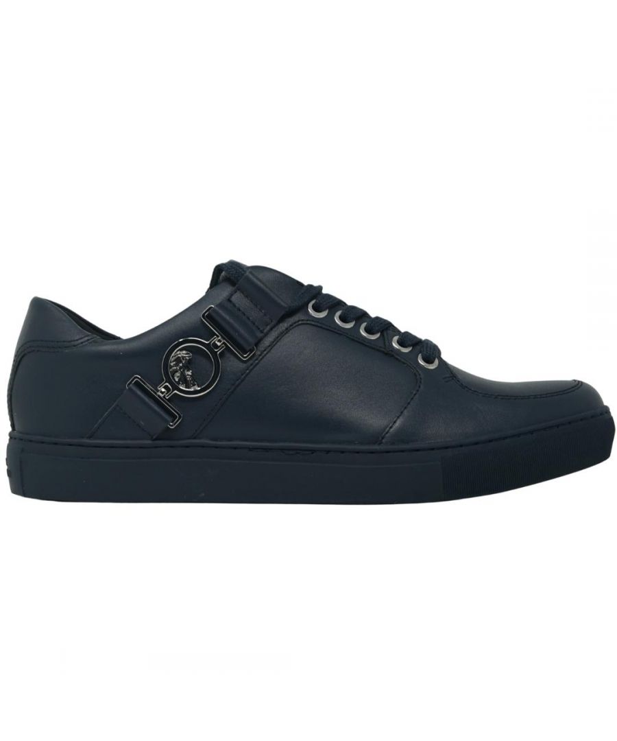 Versace Collection Buckle Logo Navy Sneakers. Versace Collection Buckle Logo Navy Trainers. Lace Fasten. Medusa Head Branding On Side. Rubber Sole. Style - V90552S VM00011 V346C