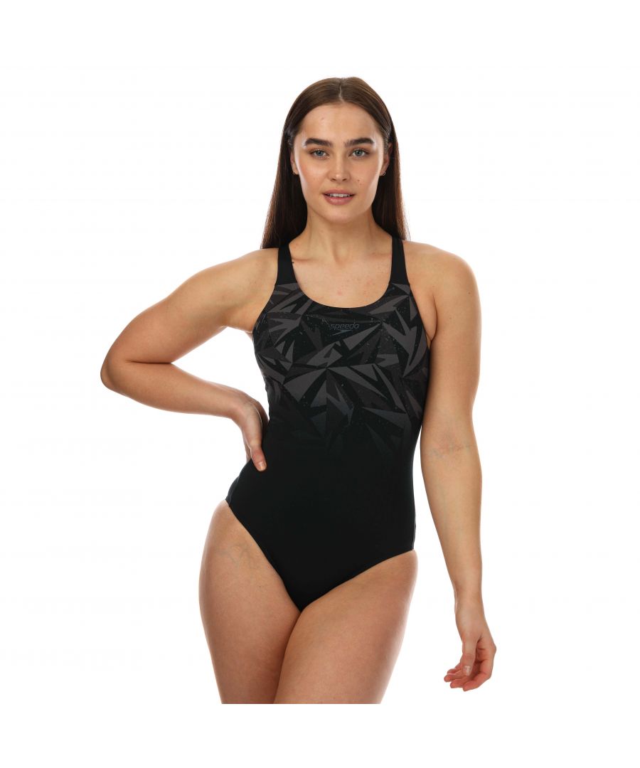 Womens Speedo Hyperboom Muscleback Swimsuit in black - grey.- Muscleback design.- 100% chlorine resistance.- Quick dry.- Speedo branding.- Body: 53% Polyester  47% PBT Polyester. Lining: 100% Polyester.- 808694G718Please note that returns will only be accepted if the hygiene label is still attached to the product.