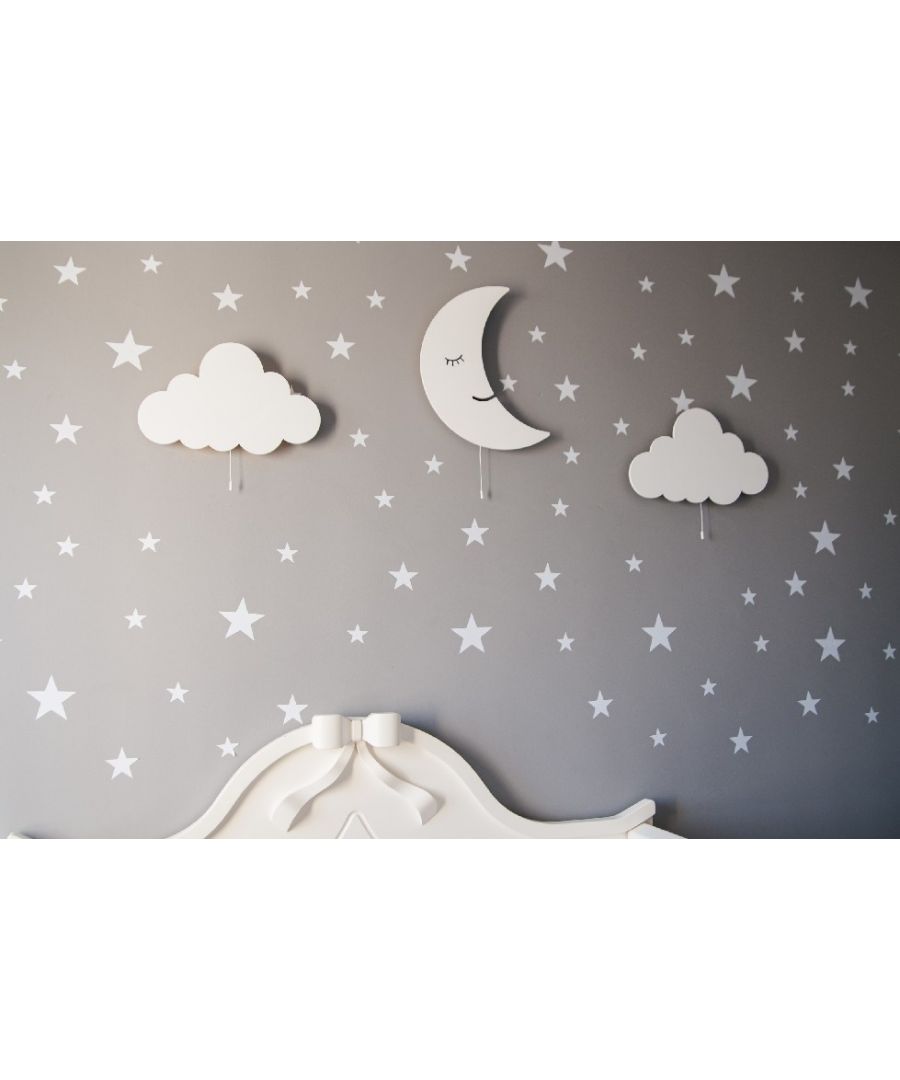 This Wall Lamp is the perfect solution to illuminate with your child's bedroom. Thanks to its design, the sleeping area is ideal. Mounting kit included, easy to clean, easy to assemble. Color: White | Product Dimensions: Each Cloud W40xD3xH25 cm, Moon W25xD3xH40 cm | Material: MDF | Wattage: 3 x LED Strip, Max 14,4 W, 600LM | Product Weight: 2,1 Kg | Bulb: Included| Packaging Weight: 2,4 Kg | Number of Boxes: 1 | Packaging Dimensions: 42x10x30 cm.