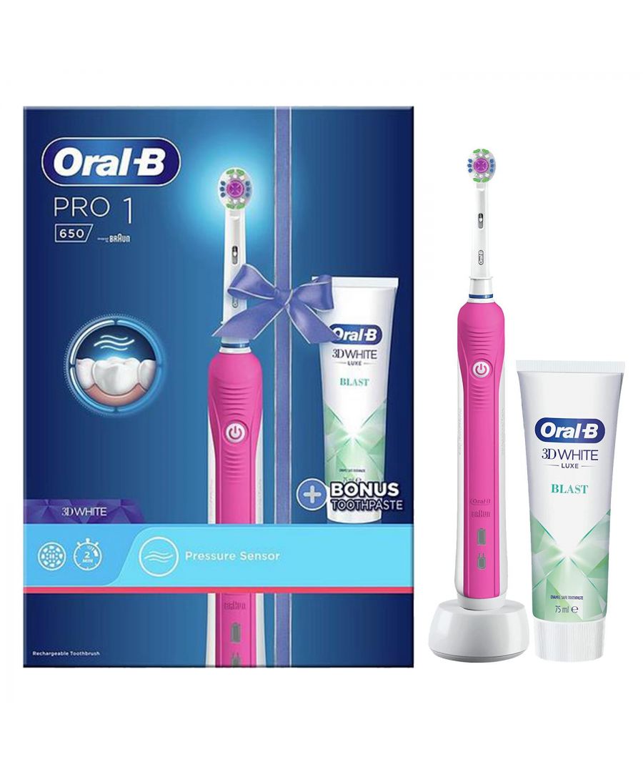 Experience real clean with the Pro 1 from Oral-B - the 1 brand used by dentists worldwide. The Pro 1 electric toothbrush helps you brush for the recommended 2 minutes thanks to the in-built professional timer and it reminds you every 30 seconds to change the area you are brushing. While you move the brush around your mouth, Oral-B's unique round head does the rest. It removes up to 100% more plaque than a standard manual toothbrush for healthier gums, and it starts whitening your teeth on the first day, by removing surface stains.\n\nTo promote optimal brushing this toothbrush has a pressure control feature installed. If too much pressure is applied, the movement of the brush head will continue but it's pulsation will stop. In addition, you will also hear a different sound while brushing. It even comes with a free tube of 3DWhite Luxe toothpaste to get you started onÂ your journey to a brighter smile.\n\nFeatures:\n* Digitial Display: N\n* Electric: Y\n* Power Type: Battery\n* Rchargeable: Y\n* DEEP CLEANING with 3D TECHNOLOGY, oscillates, rotates and pulsates to remove up to 100% more plaque vs. a manual brush\n* Round head cleans better for healthier gums\n* Battery lasts up to 10 days\n* Helps you brush longer with the 2 minutes embedded timer\n* Internal pressure control - pulsation stops if you brush too hard\n* Contents: 1 handle with charger, 1 brush head, 1 3DWhite Luxe toothpaste\n* Choose Oral-B, 1 used by dentists worldwide.\n\nPackage Contains: 1 x Pink toothbrush handle UK 2-Pin Plug, 1 x Toothbrush Head, 1 x Oral-B 3DWhite Luxe Perfection Toothpaste.