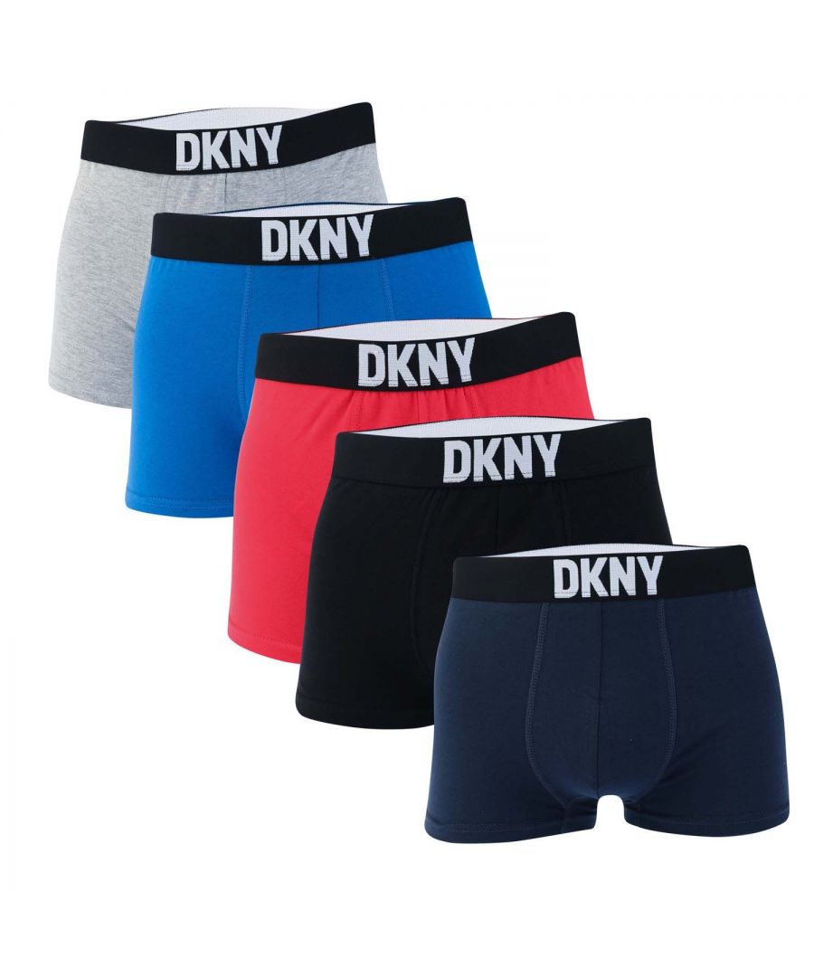Mens DKNY Walpi 5 Pack Trunk Boxer Shorts in multi colour.- Branded elasticated waistband.- 5 pack stretch cotton trunks.- Super soft and breathable.- 57% Cotton  38% Polyester  5% Elastane.- Ref: U56687DKY