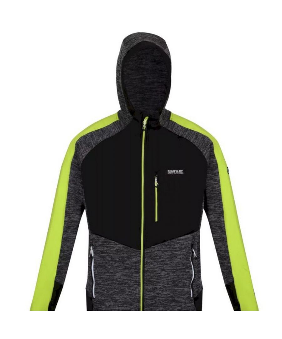 Material: 85% Polyester, 13% Viscose, 2% Elastane. Fabric: Knitted, Marl. 265gsm. Design: Contrast, Logo. Extol Stretch Panels. Fabric Technology: Lightweight. Neckline: Hooded. Sleeve-Type: Long-Sleeved. Cuff: Stretch Binding. Hood Features: Grown On Hood. Pockets: 2 Lower Pockets, 1 Chest Pocket, Zip. Fastening: Full Zip. Hem: Stretch Binding. Sustainability: Made from Recycled Materials.