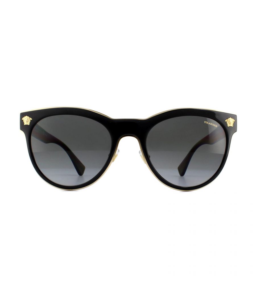 Versace Sunglasses VE2198 1002T3 Black Grey are a chunky cat-eye style crafted from acetate. The outer edge of the frame front is trimmed with metal to match the Medusa head logos found at each corner and the Versace text logo on each temple. Adjustable nose pads guarantee a customised fit for comfort.