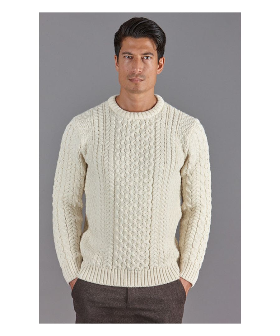 paul james knitwear mens fishermans british wool cable jumper in ecru - size large