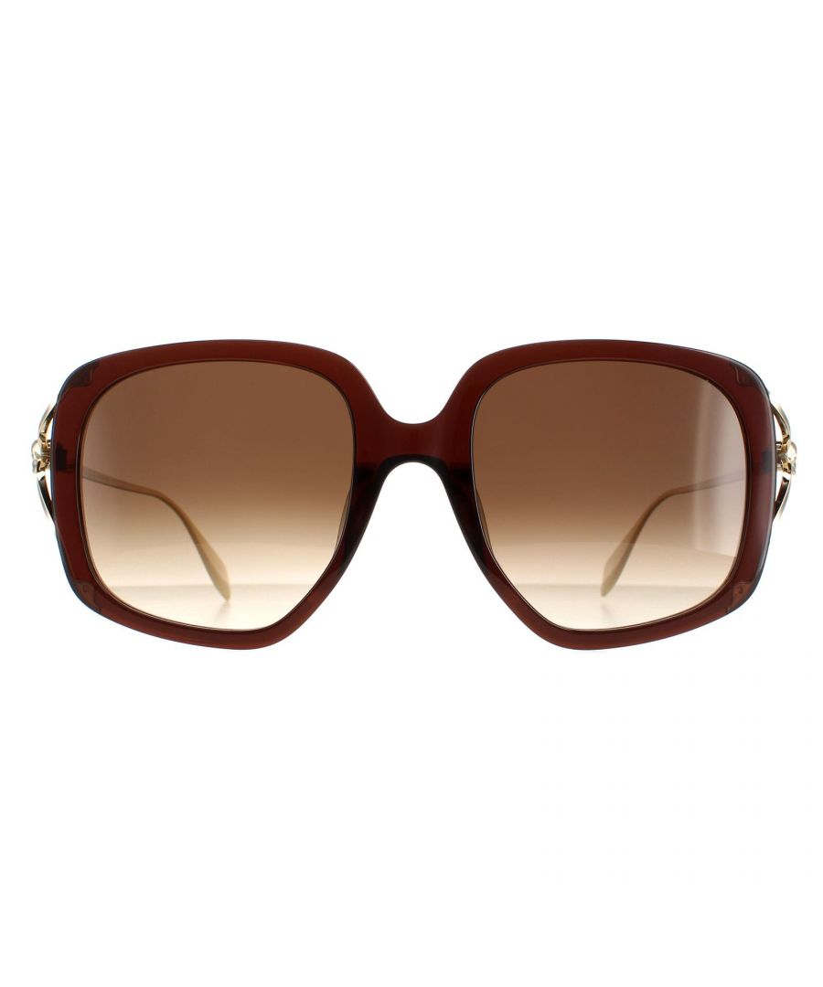 Alexander McQueen Square Womens Brown Gold Brown Gradient AM0374S  Sunglasses are a stylish square style crafted from lightweight acetate. The Alexander McQueen logo is embedded on the slim temples for brand authenticity.