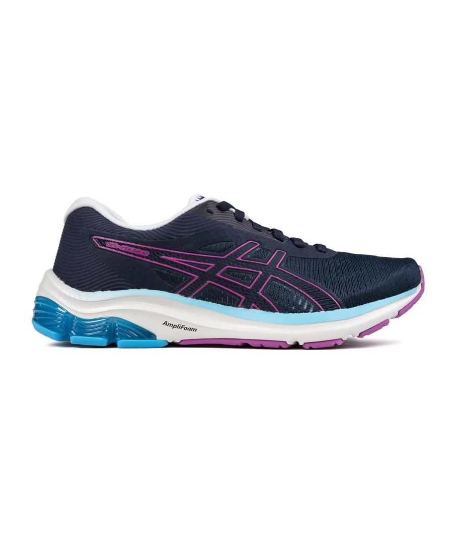 Women's Navy-blue Asics Gel-pulse 12 Lace-up Trainers With Breathable Mesh Textile Uppers Iconic Side Stripe In Pink, And Matching Branding To Tongue And Heel. These Lightweight Ladies' Performance Running Sneakers Have A Cushioned Midsole, Neon Blue Accents, Low Profile Heel Counter With Heel Support, And Gel Technology Shape Providing Stability And Comfort In Every Stride.