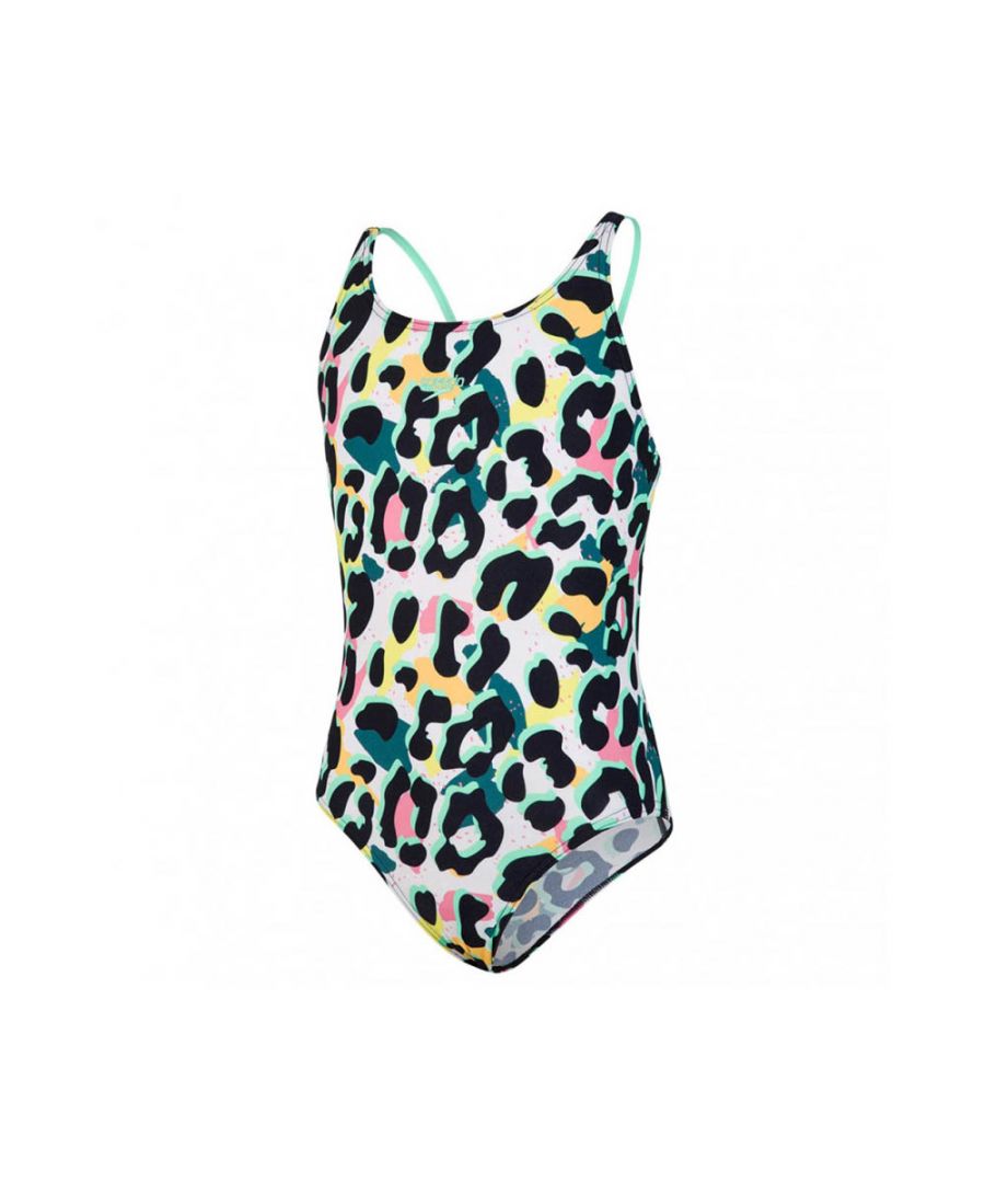 The Speedo JungleSpeak Allover Girls Swimsuit is designed with a rainbow leopard print detail for amazing style in the water.  A one piece with a pretty crossover tie-back with adjustable straps for a comfortable and secure fit.  Elasticated hem for shape and support with a 100% chlorine resistant Endurance+ fabric that is the perfect choice to keep your items lasting longer.  Stretchy and quick drying with Higher chlorine resistance than standard swimwear fabrics and  fits like new for longer while keepign its colour thanks to the CREORA HighClo technology.