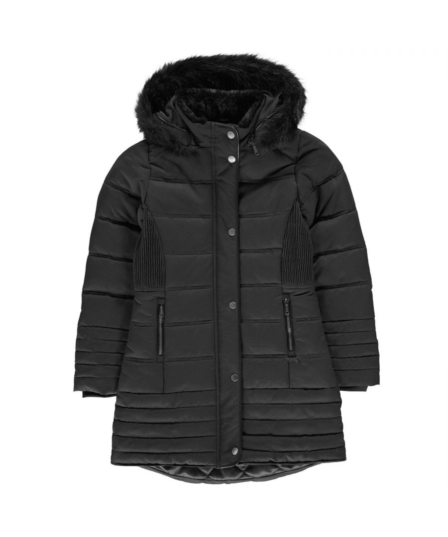 Firetrap Luxury Bubble Jacket Junior Girls - This Firetrap Luxury Bubble Jacket Junior Girls is crafted with full zip fastening and long sleeves. It features a faux fur lined hood and is a 2 pocket design. This Jacket is a lightweight, padded construction in a block colour. It is complete with Firetrap branding.  >Junior Girl's Jacket  >Elasticated side panels for improved fit  >Half fleece lining  >Full Zip Fastening  >Faux Fur Hood and Collar  >2 Zip Pockets  >Padded  >PU piping details  >Firetrap Branding  >Body / Hood Lining: 100% Polyamide  >Lining: 100% Polyester  >Machine Washable  >Keep Away From Fire  > Please note: Black has a removable hood, navy colour does not.
