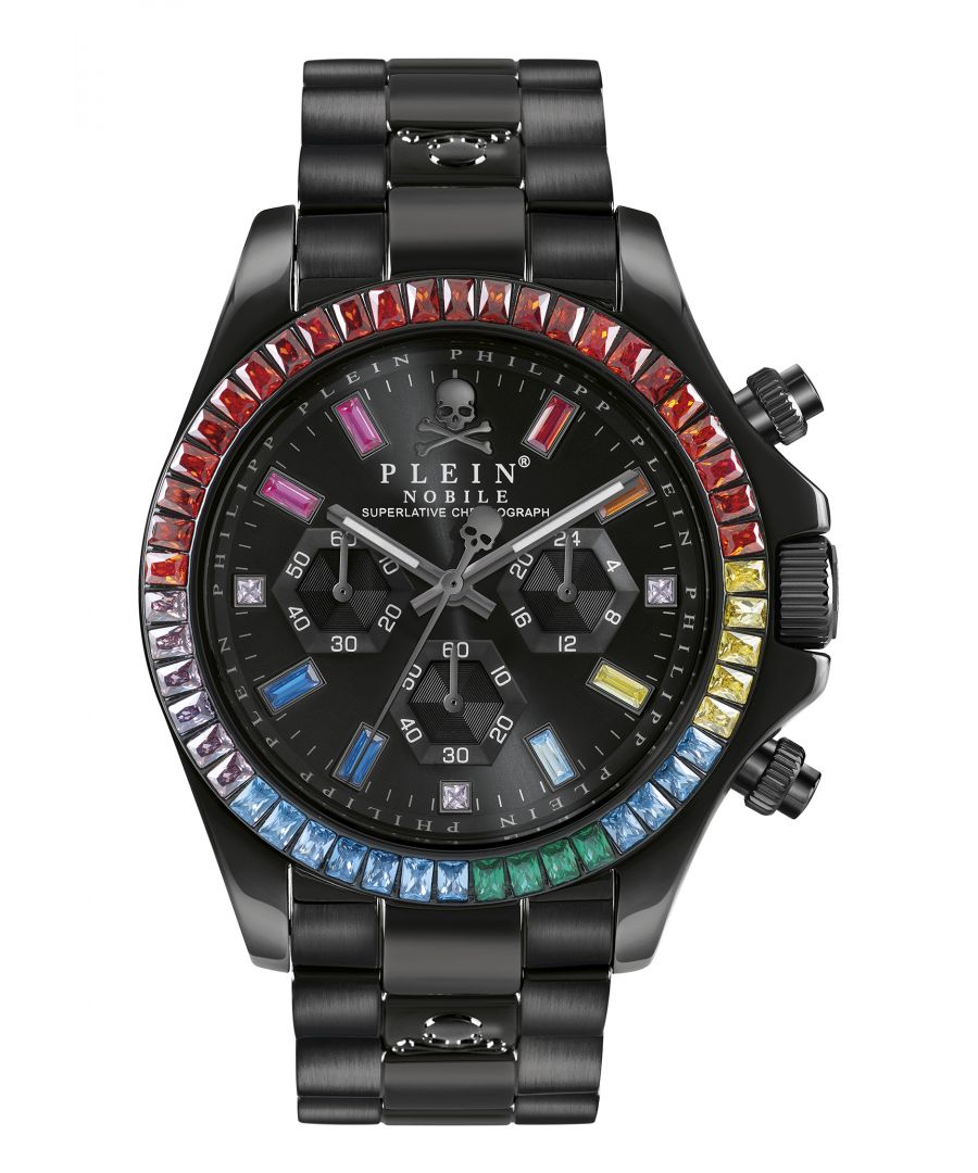 This Philipp Plein Nobile Chronograph Watch for Men is the perfect timepiece to wear or to gift. It's Black 43 mm Round case combined with the comfortable Black Stainless steel watch band will ensure you enjoy this stunning timepiece without any compromise. Operated by a high quality Quartz movement and water resistant to 5 bars, your watch will keep ticking. This watch has a Sophisticated design together with an iconic shape it defines the exterior of the case. -The watch has a function: Stop Watch, 24-hour Display, Luminous Hands, High quality 21 cm length and 22 mm width Black Stainless steel strap with a Deployment clasp Case diameter: 43 mm,case thickness: 14 mm, case colour: Black and dial colour: Black