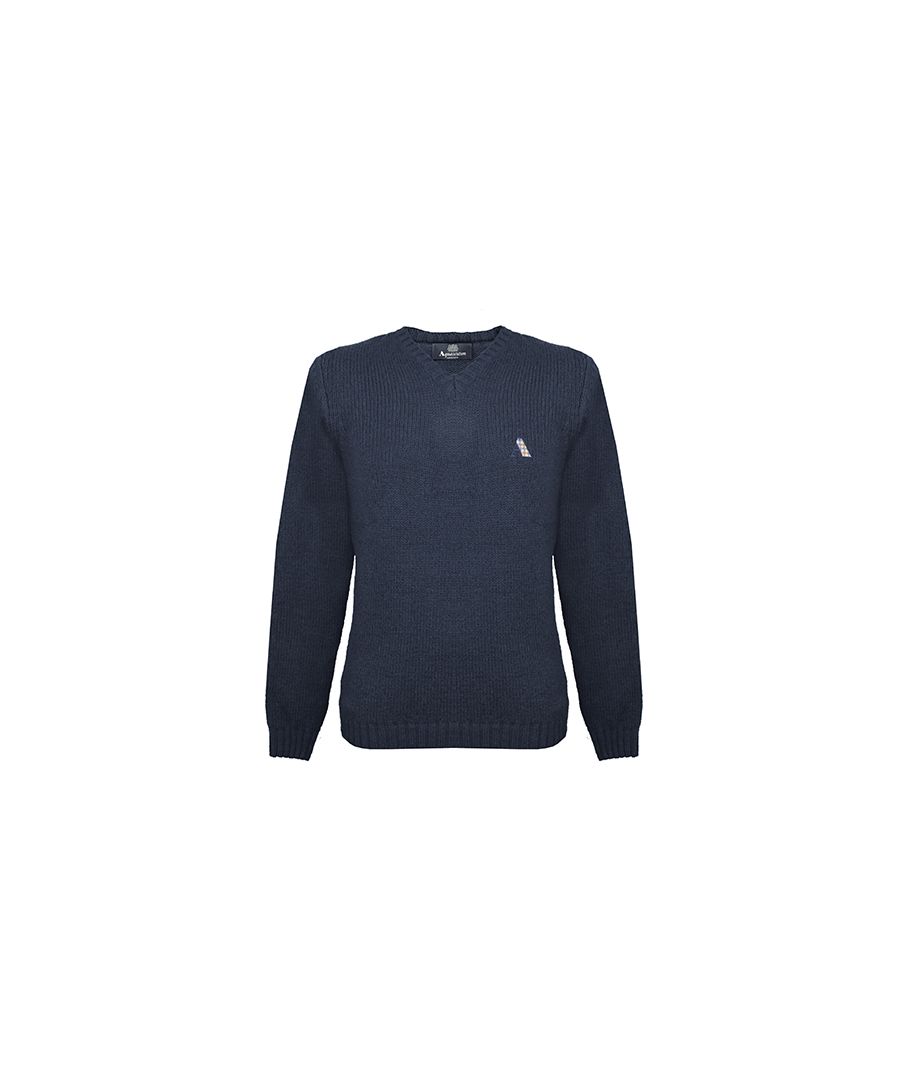 Aquascutum Check A Logo Navy Blue V-Neck Knit Jumper. Aquascutum Check Logo Navy Blue Knitwear Sweater. 48% Alpaca, 36% Acrylic, 9% Polyamide, 7% Polybutylene Terephthalate. Branded A In Classic Check On Left Chest. Regular Fit, Fits True To Size. 36836 01
