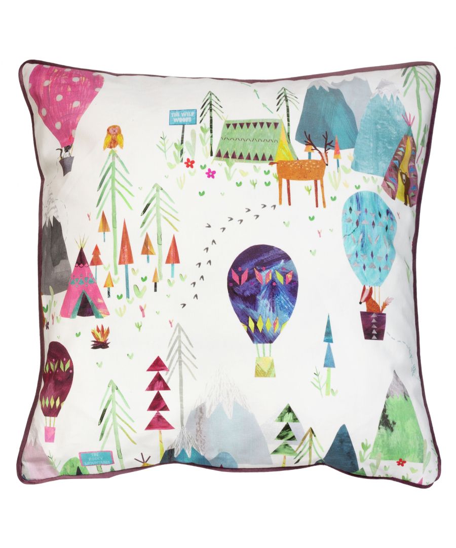 Bring a playful touch to your home, with the Away We Go cushion. An artistic, bold print of quirky foxes and bears amongst the misty moutains and hot air balloons soaring in the sky. Finished off with a soft velvet reverse, to make it the perfect finishing touch to any room in your home. Dry clean only.