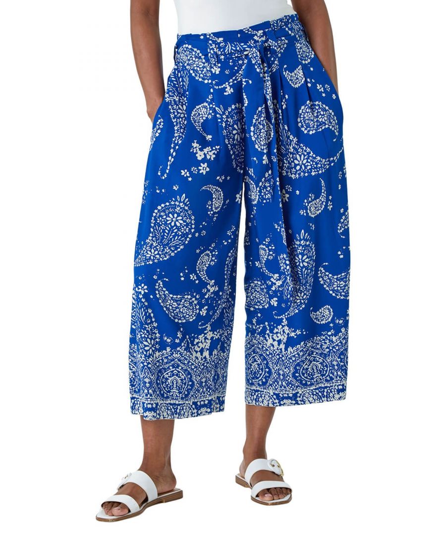 Roman Womens Paisley Print Wide Leg Cropped Trousers - Blue - Size 18 UK - Secret Sales