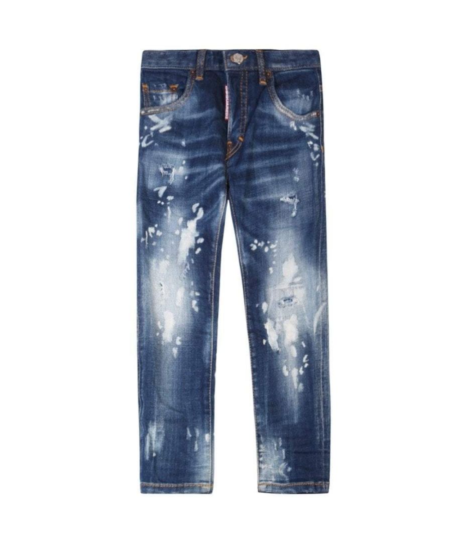 These blue denim jeans from the Dsquared2 Kids collection feature an embossed button and fly zip closure with a logo tab, three pockets to the front and distressed detailing throughout. To the reverse two pockets and a logo plaque at the waistline.\n\nThe style of the Canadian twins, who founded the successful label Dsquared2, is known for the unique mixture of provocative street style, Canadian cool and Italian tailoring: 