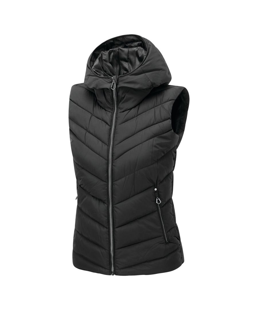 Material: 100% Polyester. Fabric: Twill. Lining: Polyester. Design: Chevron, Quilted. High Shine, High Warmth, Hooded. Neckline: Hooded. Sleeve-Type: Sleeveless. Hood Features: Grown On Hood. Pockets: Headphone Port, 2 Lower Pockets, 1 Internal Pocket, Zip. Fastening: Full Zip, Zip Guard.
