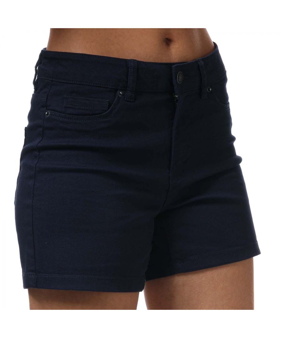 Womens Vero Moda Hot Seven Shorts in navy.- Five pockets.- Button and zip fastening.- Mid-waist.- Belt loops.- Soft cotton blend material.- Regular fit.- 82% Cotton  16% Viscose  2% Elastane.- Ref: 10243729