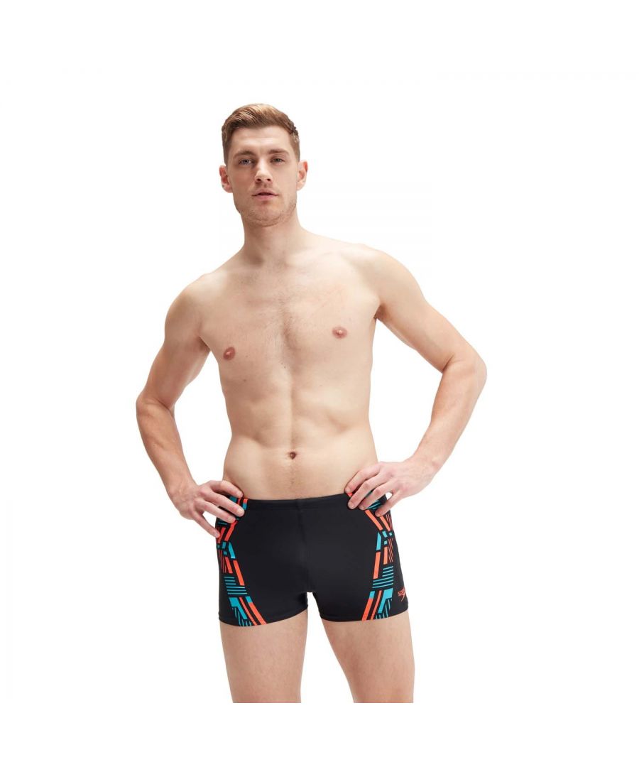 Speedo Mens Tech Print Aquashorts in black orange - Size 32 inch