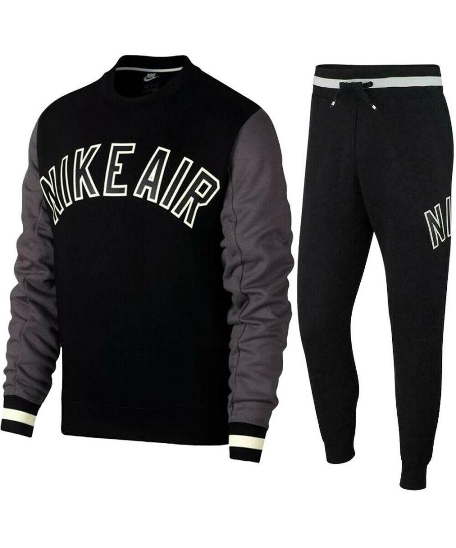 Nike Mens Air Fleece Full Crewneck Tracksuit Set Black Cotton - Size Large