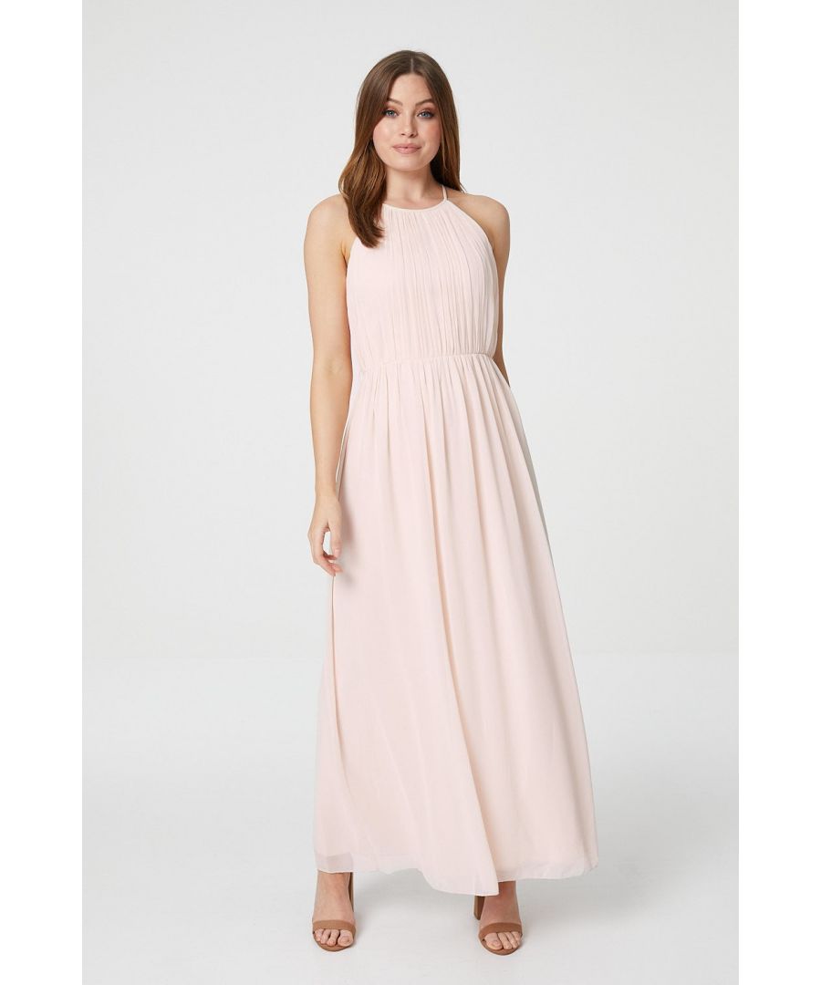 This Grecian styleMaxi is perfect for summer weddings. It has a halter neck, an embellished cinched waist, is sleeveless and has a keyhole back. Wear with strappy heels and an embellished bag.