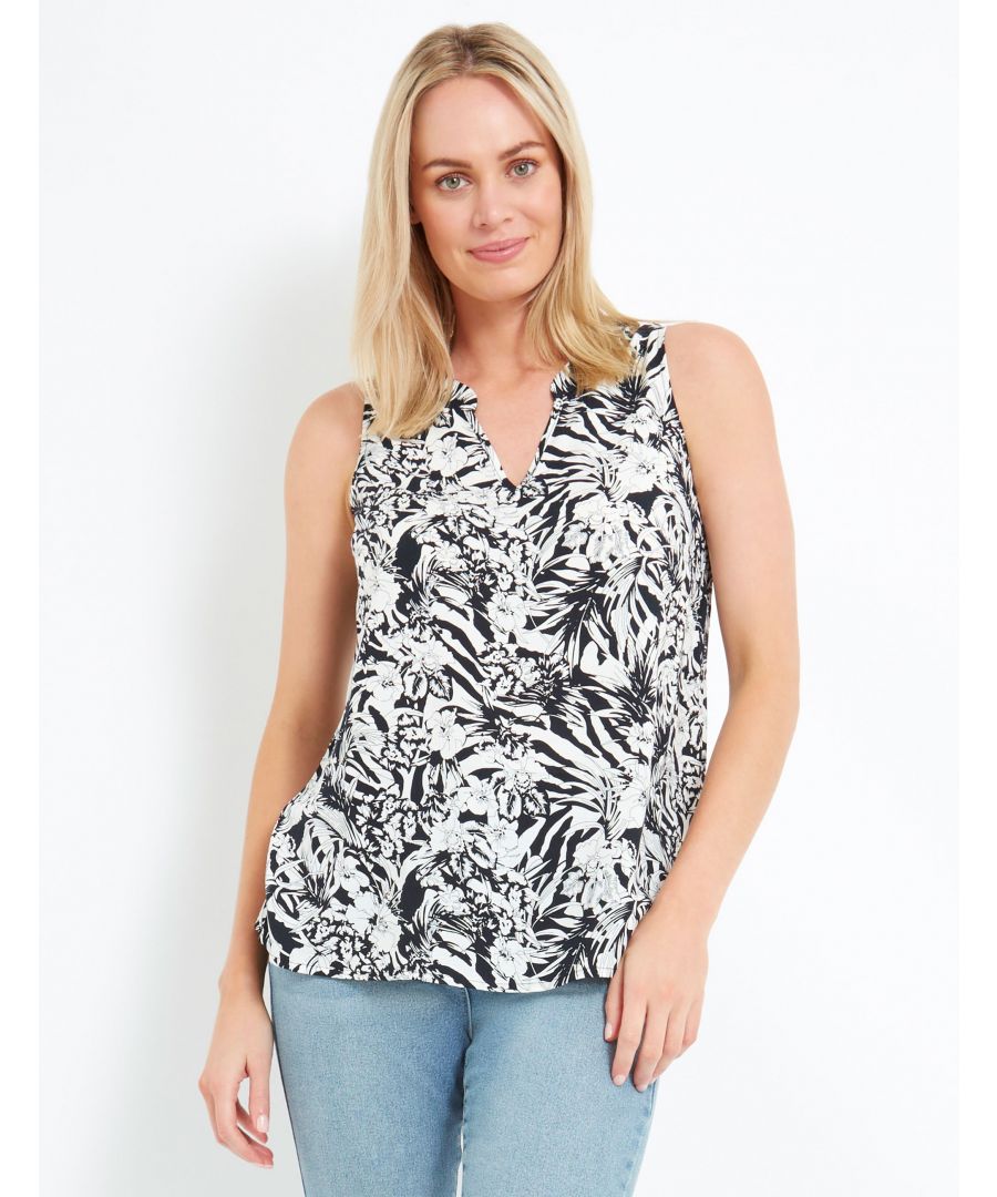 Ideal for the Summer, pair with pants and sandals for a classic look.SleevelessNotch NeckAll Over PrintLightweight FabricMaterial:  100% VISCOSE