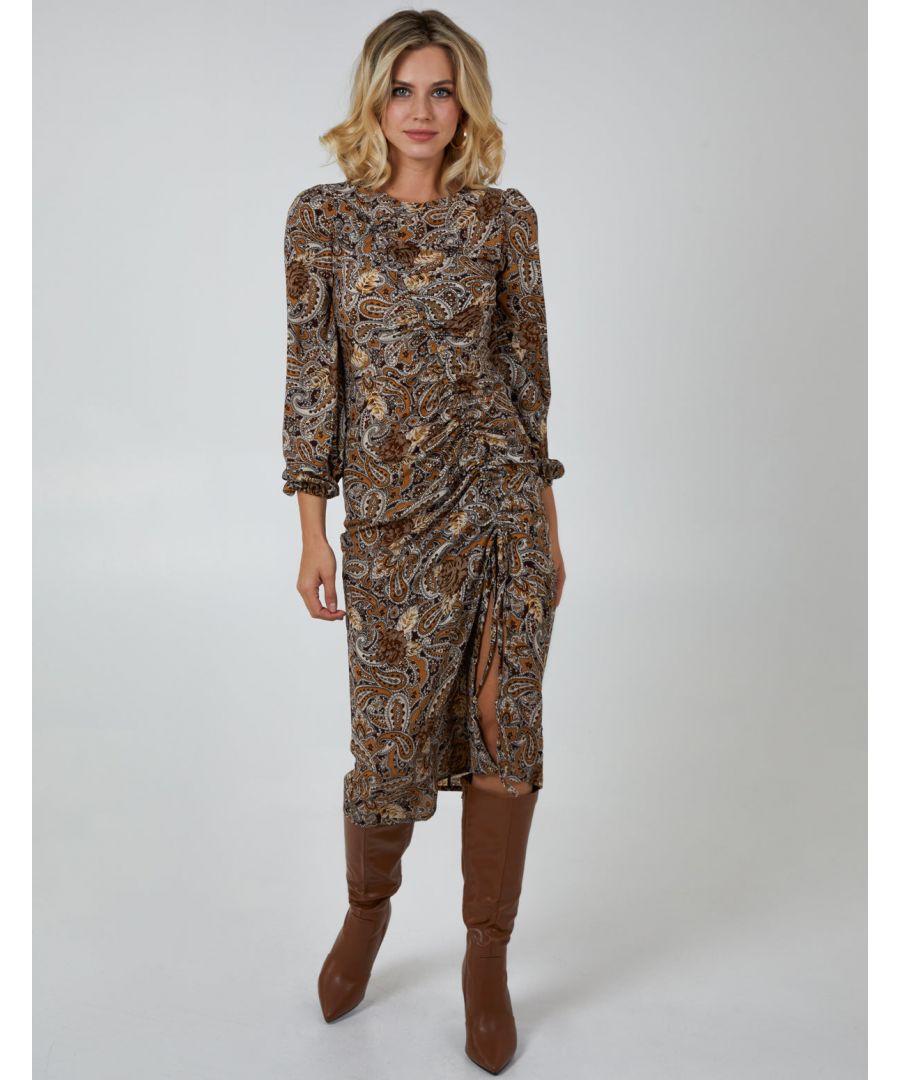 Step out of your comfort zone with this Ruched Midi Dress With Balloon Sleeve. With the classic bohemian print, balloon sleeves and ruched front, this dress is ideal for events when matched wirth high heel shoes. \n100% Polyester 