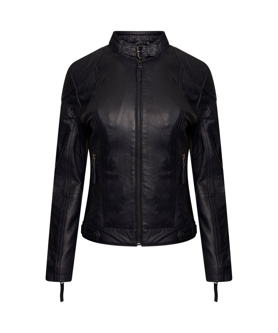 Elle Ladies Leather Biker Jacket. Collar with buckle. 2 Front pockets with zips. Long sleeves with zipped cuffs. No inside pocket. Shell 100% Leather. Lining 100% Polyester. Dry clean only.