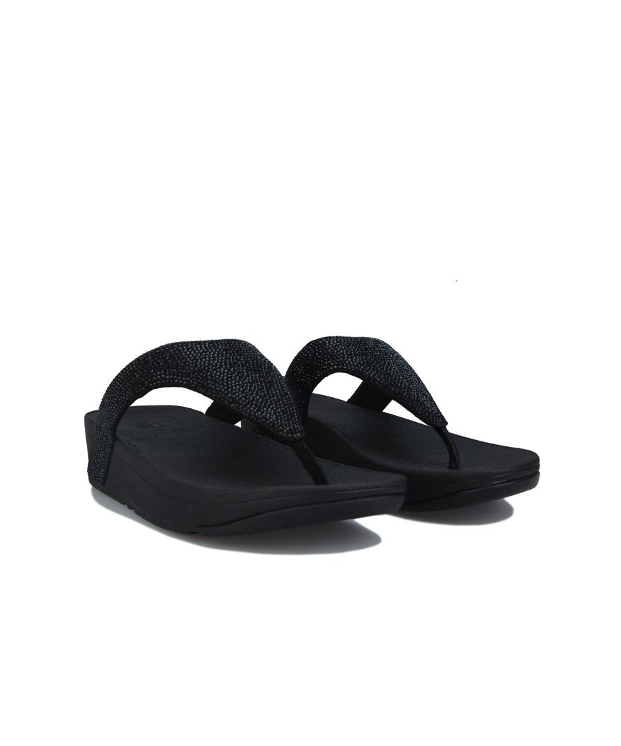 Womens Fit Flop Lottie Shimmercrystal Toe- Post Sandals in black.- Textile upper.- Slip on closure.- Microfibre-lined upper.- Microwobbleboard™ midsole tech.- Average to wide fit.- Slip-resistant rubber outsole.- Sparkling micro-crystals.- Fit Flop branding.- Textile upper  Textile lining  Synthetic sole.- Ref: T81001