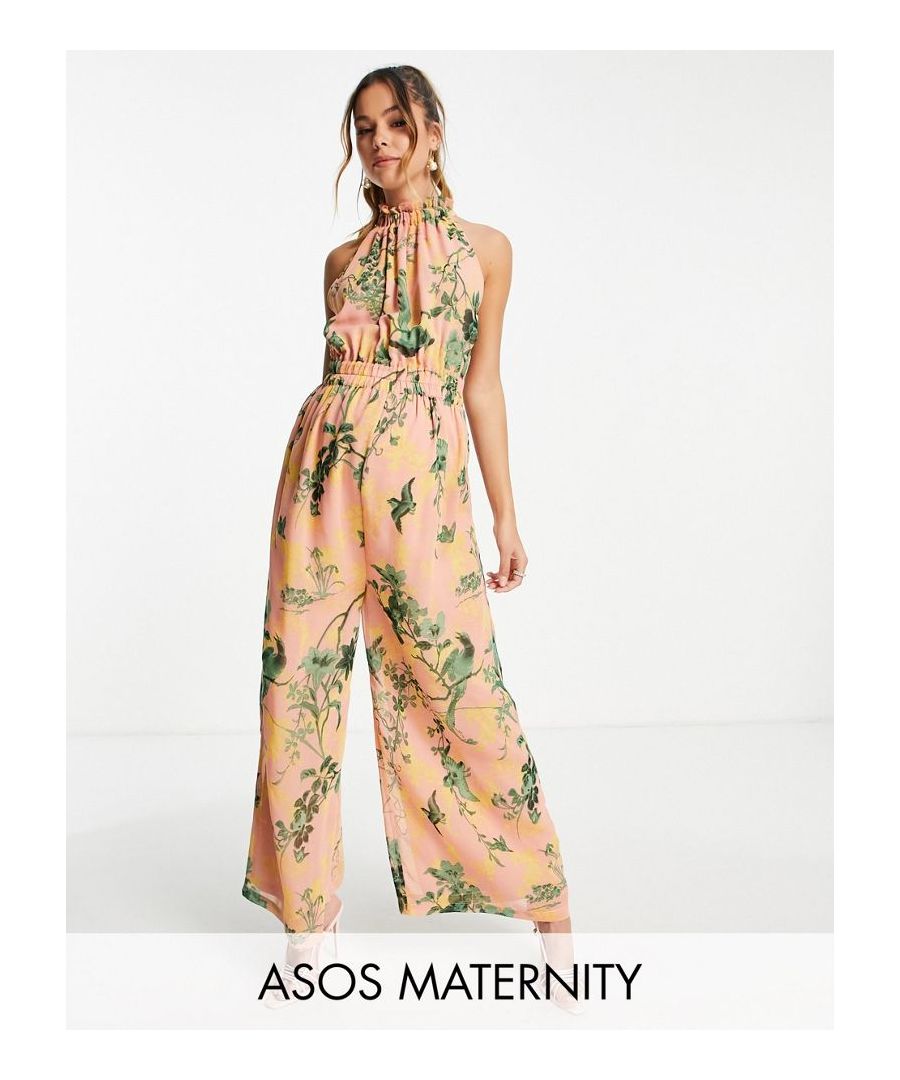 Maternity jumpsuit by ASOS DESIGN Outfit of the day High neck Elasticated waist Tie fastening to reverse Wide leg Regular fit Designed to fit you from bump to baby  Sold By: Asos