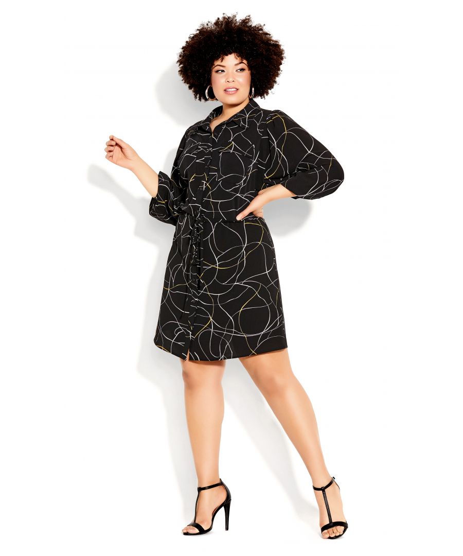 The Relaxed Tie Dress is simple as it is versatile. With a unique free hand swirl print in a relaxed fit silhouette, it's the ultimate smart-casual piece! Key Features Include: - Classic shirt collar neckline - Button down front opening - Front chest pockets - Elbow sleeves with elasticated cuff - Drawcord waistline - Relaxed fit - Short hemline - Non-stretch & unlined - Lightweight woven fabrication Elevate your look for after work drinks with pointed toe pumps and gold hoop earrings.