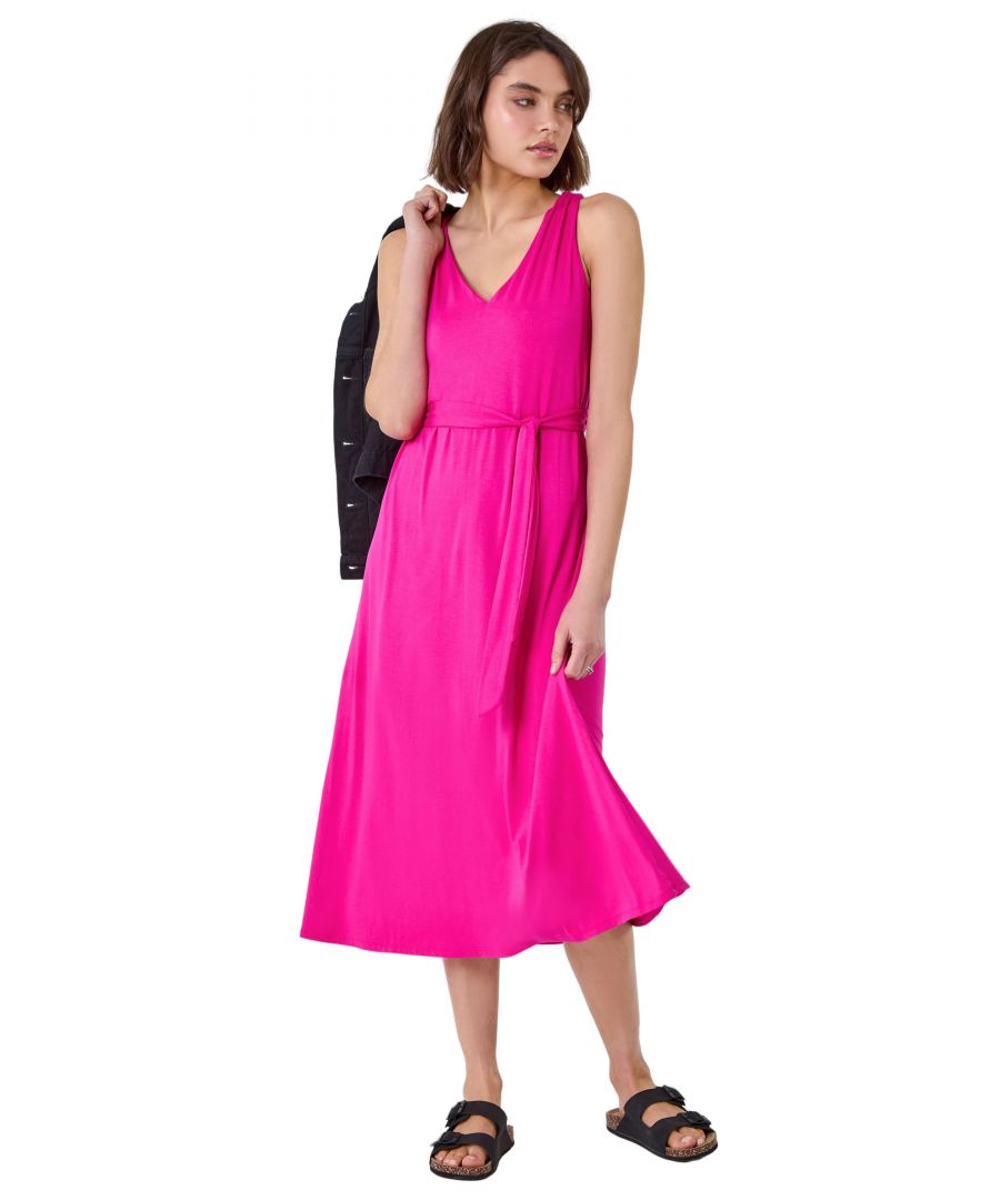 Roman Womens Tie Detail Stretch Midi Dress - Pink - Size 18 UK
