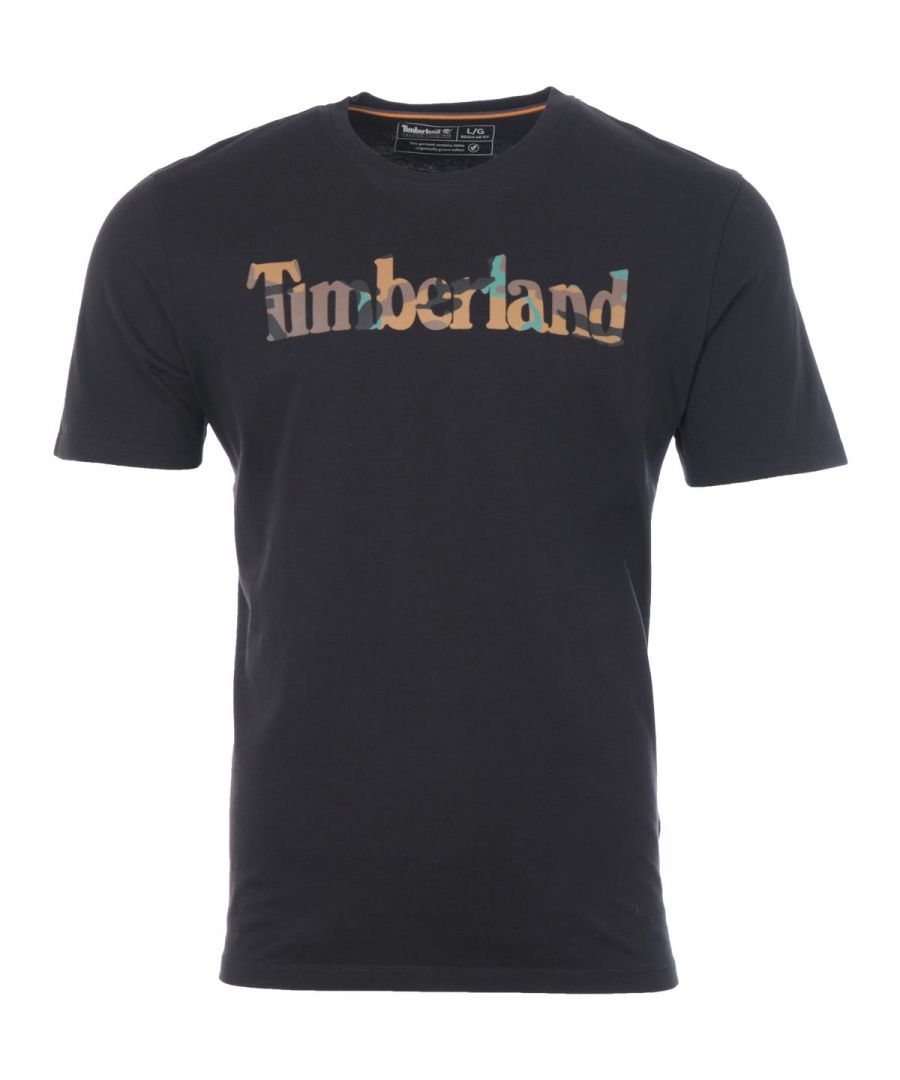 Mens Timberland Camo Linear T- Shirt in black.-  Ribbed crewneck.- Short sleeves.- Timberland printed logo to front.- Soft and comfortable organic cotton jersey.- Regular fit.- Main material: 100% Cotton. Machine washable. - Ref: A231G0011