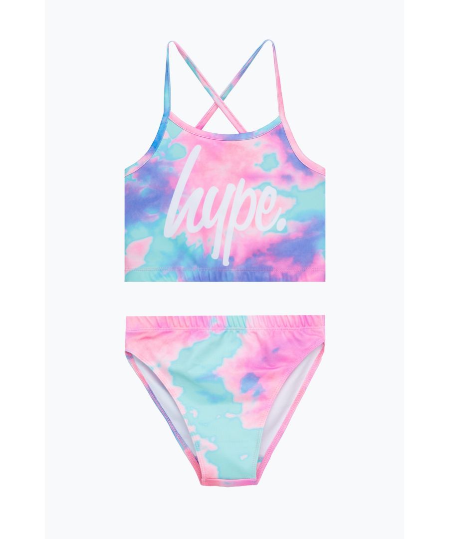 Swim is in. Meet the ultimate girls swimwear you'll want to wear everyday of summer, the HYPE. Multi Dream Smudge Script Bikini. Consisting of a thin strap bikini top and brief bottoms, the design features our dream inspired all-over smudge print in a soft, multi-colour palette with the iconic HYPE. script logo in a contrasting bright pink across the front. Wear with the matching sliders, pair of sunnies and you're ready for the pool. Machine wash at 30 degrees.