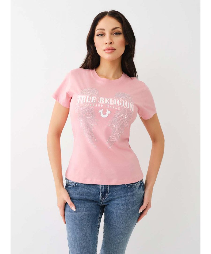 True Religion Womens Crystals Wing Horseshoe Crew Neck Tee in Pink - Size Medium