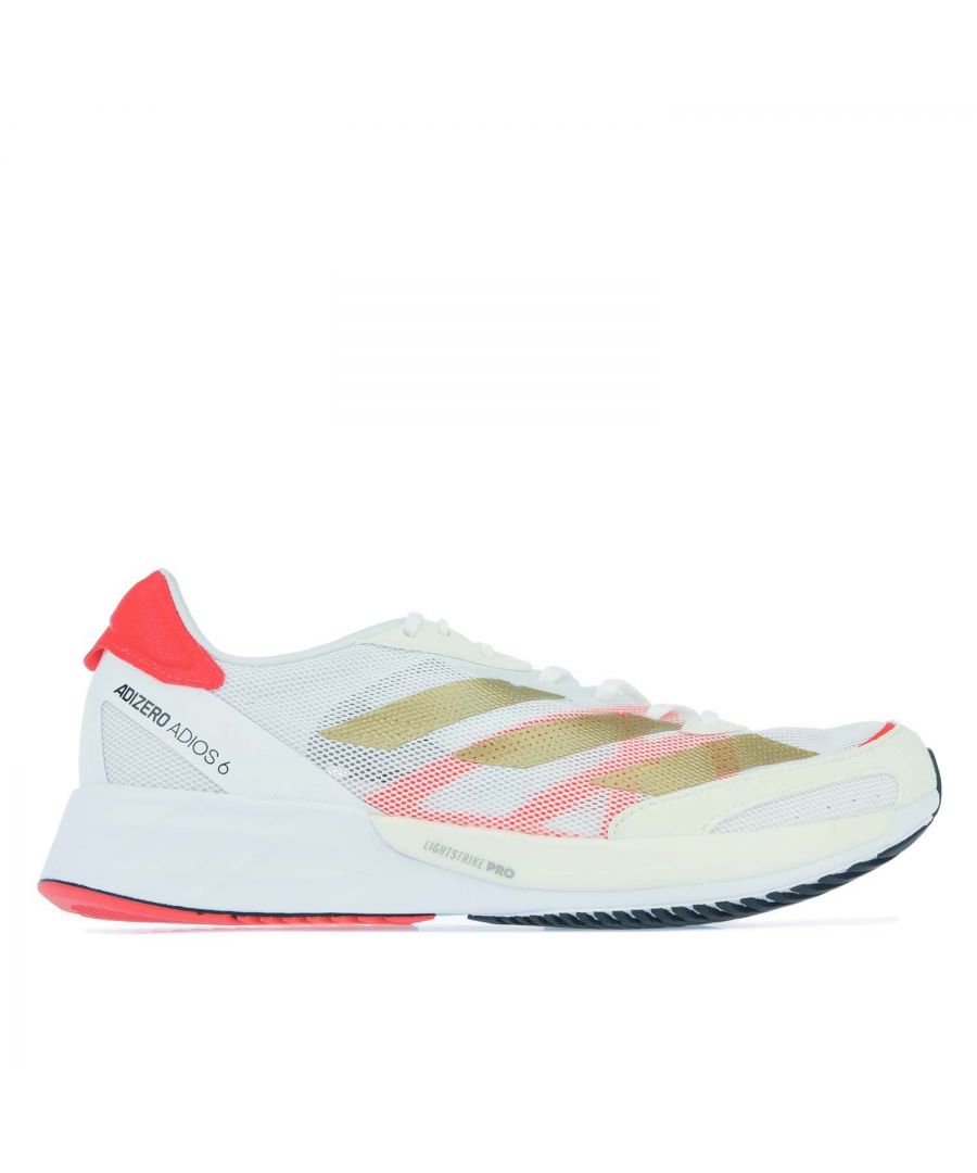 Womens adidas Adizero Adios 6 Tokyo Running Shoes in white.- Single-layer mesh upper.- Lace closure.- Regular fit.- Cushioned feel with snappy propulsion.- Lightstrike Pro cushioning with padded heel.- Continental™ Rubber outsole.- Textile and synthetic upper  Textile lining  Synthetic sole.- Ref: FY4074