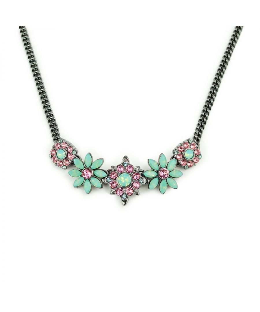 Image for Fiorelli Fashion Gunmetal Plated Pink & Mint Crystal by Swarovski Flower Statement Necklace 45cm + 5cm