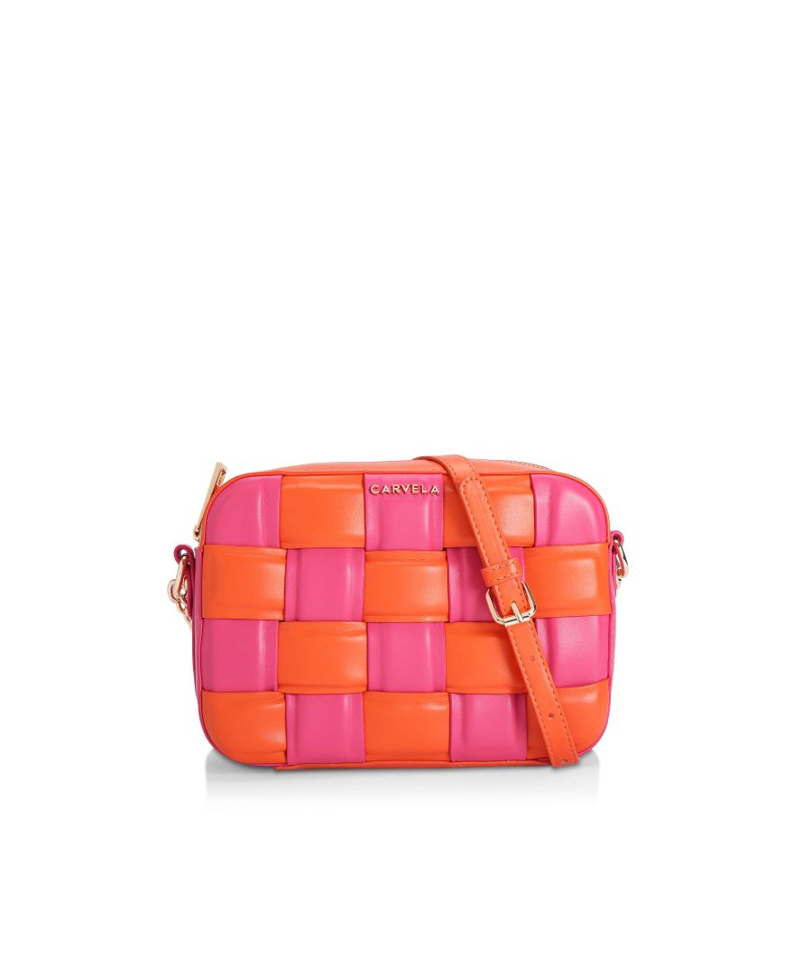 With a woven exterior, the Lexi 2 Cross Body bag features a woven design in orange and fuchsia. There is gold tone branding on the front of the bag. 15.5cm (H), 21.5cm (L), 7cm (D). Strap Length: 157cm. Strap drop: 66cm.