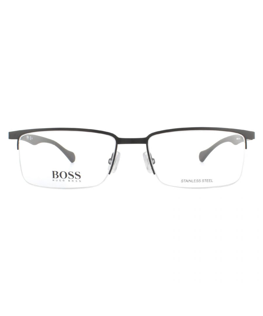 Hugo Boss Glasses Frames BOSS 0829 YZ2 Matte Black Men  are a smart semi rimless style with a flat metal frame front. Adjustable nose pads and plastic temples ensure comfort and temples are branded with the Hugo Boss logo.