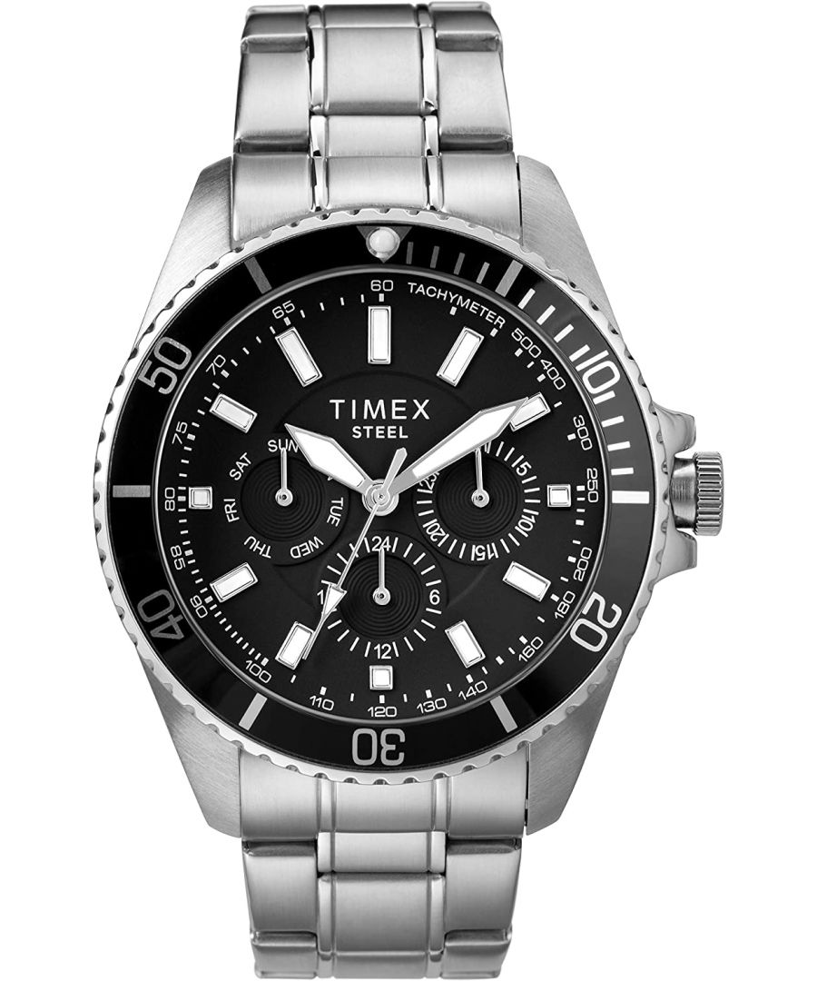 Dit Timex Mannen horloge beschikt over een Quartz binnenwerk. De kast (44 mm mm) is vervaardigd uit RVS (Zilverkleurig) en heeft een Mineraalglas. De band is Zilverkleurig RVS. Dit horloge uit de Timex  reeks is een mooi en tijdloos geschenk. Verras jezelf of iemand anders met dit cadeau. Bovendien geniet u hierbij van 2 jaar garantie tegen alle fabricagefouten.