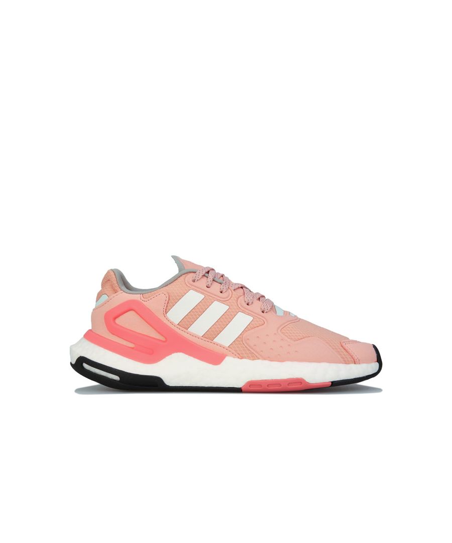 Womens adidas Originals Day Jogger Trainers in pink white.- Mesh upper with synthetic suede overlays.- Lace up closure.- Regular fit.- Distinctive Boost midsole.- Rubber outsole.- Textile upper and lining  Synthetic sole.- Ref: FW4828