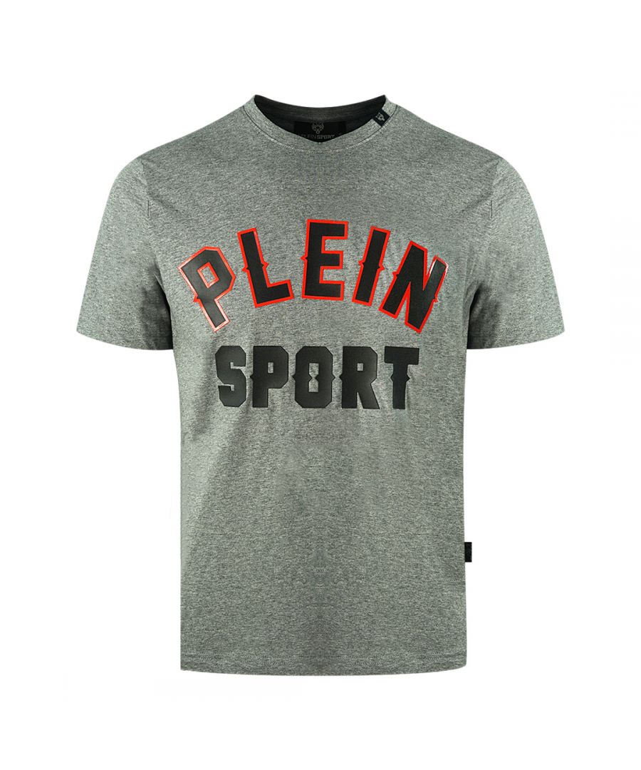 Plein Sport bloklogo grijs T-shirt. Philipp Plein sport grijs T-shirt. 100% katoen. Plein-logo. Badges met Plein-merk. Stijlcode: TIPS106 94