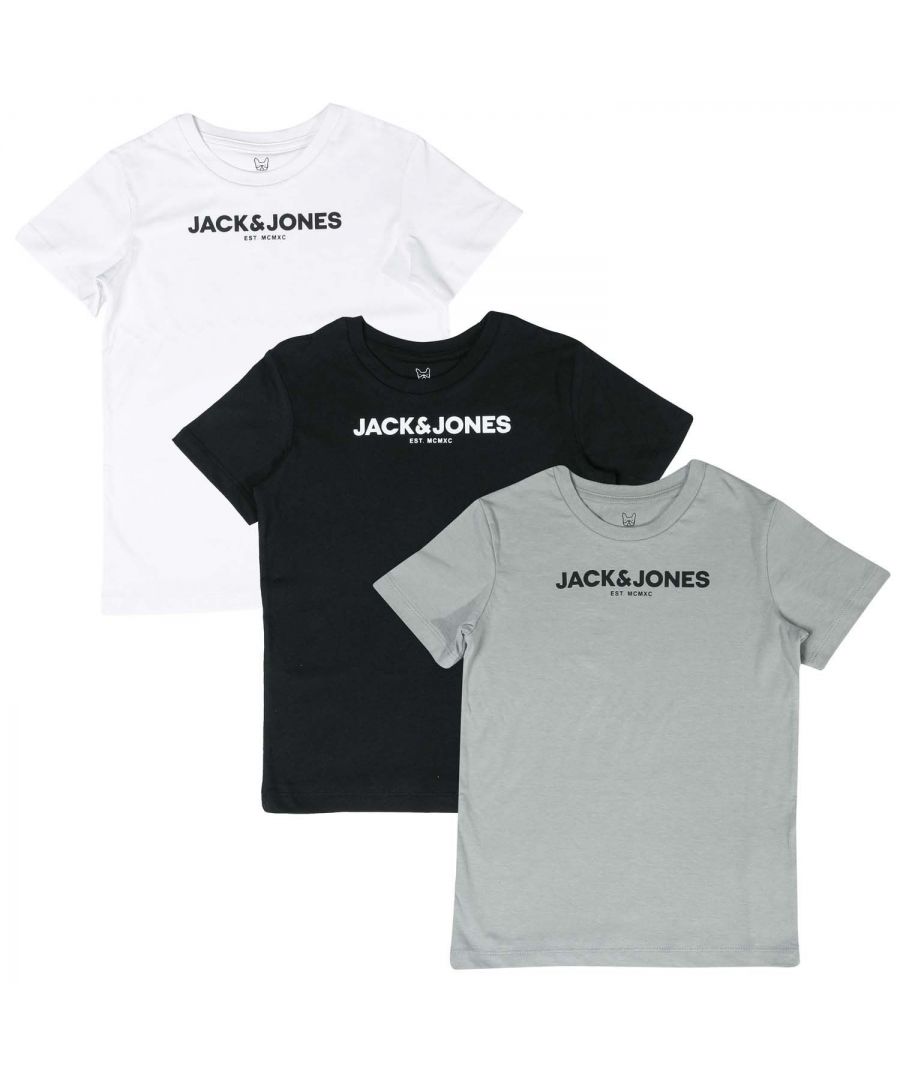 Junior Boys Jack Jones Harry 3 Pack T-Shirt.- Comprises one x white  one x black  one x grey cotton t-shirt.- Ribbed crew neck.- Short sleeves.- Jack & Jones logo printed to chest.- 100% Cotton.  Machine washable.  - Ref: 12227576Please note this style is sold as a set.  Returns will only be accepted if both items are returned together.