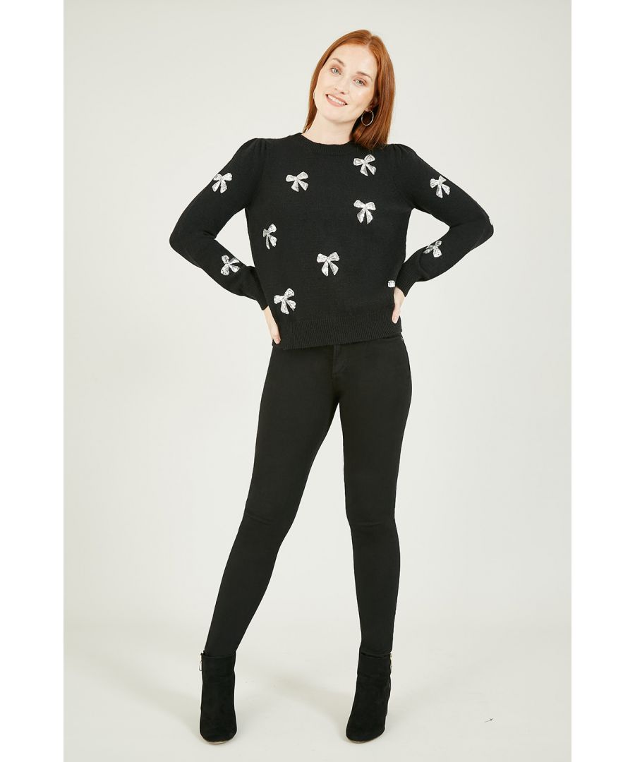 Image for Yumi Sequin All Over Applique Bow Knitted Jumper