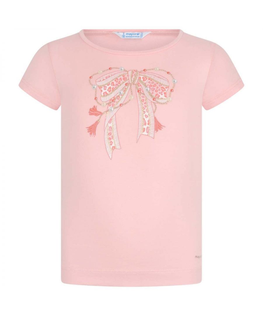 Mayoral Girls Pink Cotton Leopard Bow T-Shirt - Size 4Y