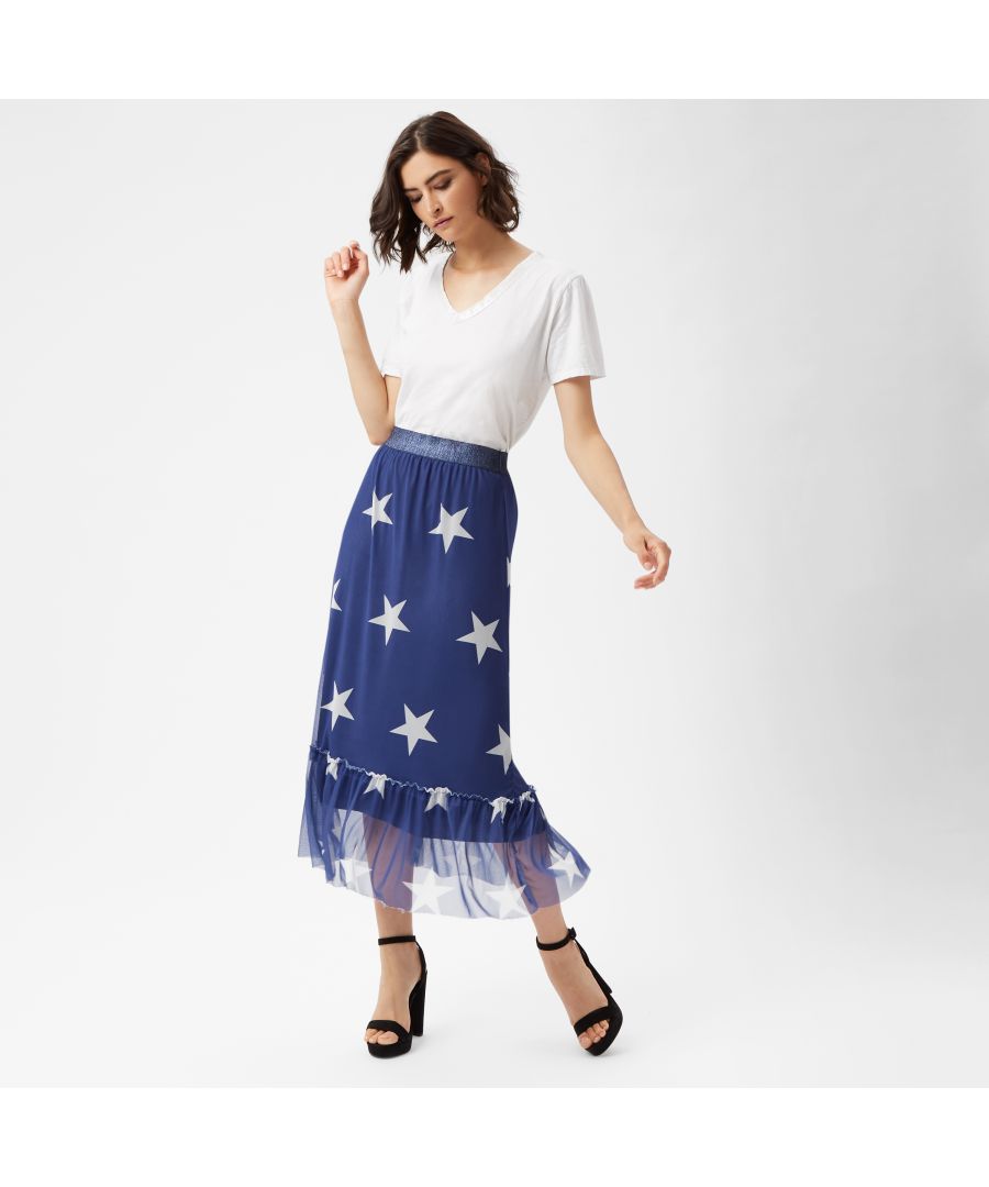 This boho tiered maxi skirt features a star print, shimmering lurex elasticated waist, tulle fabric with full lining and finished off with a floaty tiered trim. Wear with sandals and T-shirt for a summer holiday vibe.