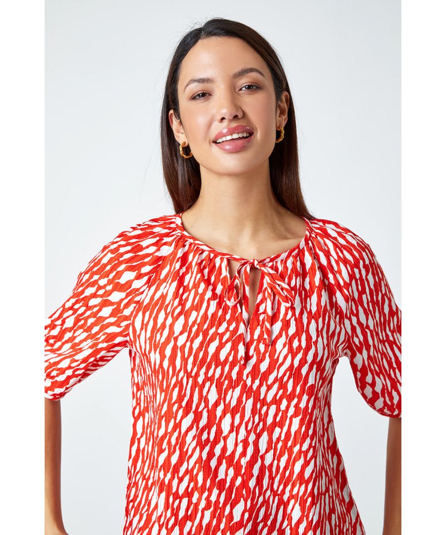 Roman Womens Abstract Print Tie Front V-Neck Stretch Top - Red - Size 12 Uk