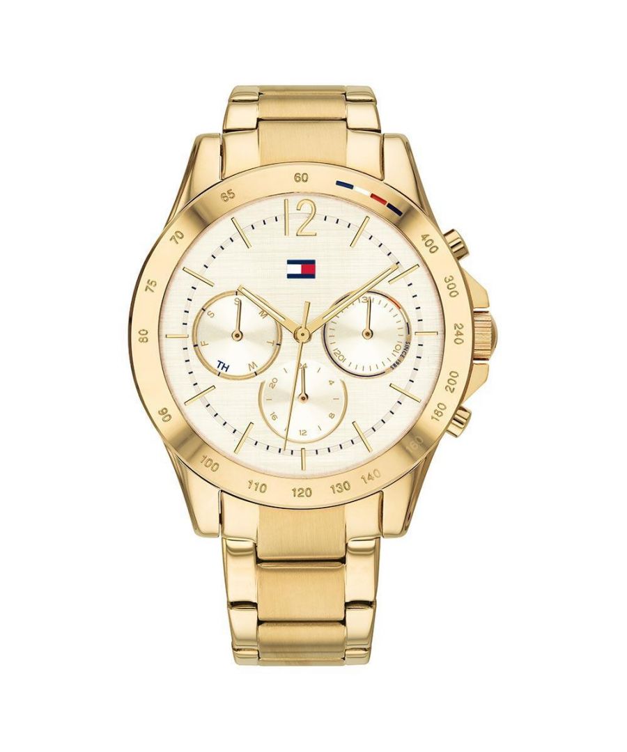 This Tommy Hilfiger Haven Multi Dial Watch for Women is the perfect timepiece to wear or to gift. It's Gold 38 mm Round case combined with the comfortable Gold Stainless steel watch band will ensure you enjoy this stunning timepiece without any compromise. Operated by a high quality Quartz movement and water resistant to 3 bars, your watch will keep ticking. Elegant and fashionable watch that is suitable for the daily life of every Women -The watch has a calendar function: Day-Date, 24-hour Display, Luminous Hands High quality 19 cm length, 17 mm wide, Gold Stainless steel strap with a Fold over with push button clasp Case diameter: 38 mm, Case height: 9 mm and Case color: Gold Dial color: Gold