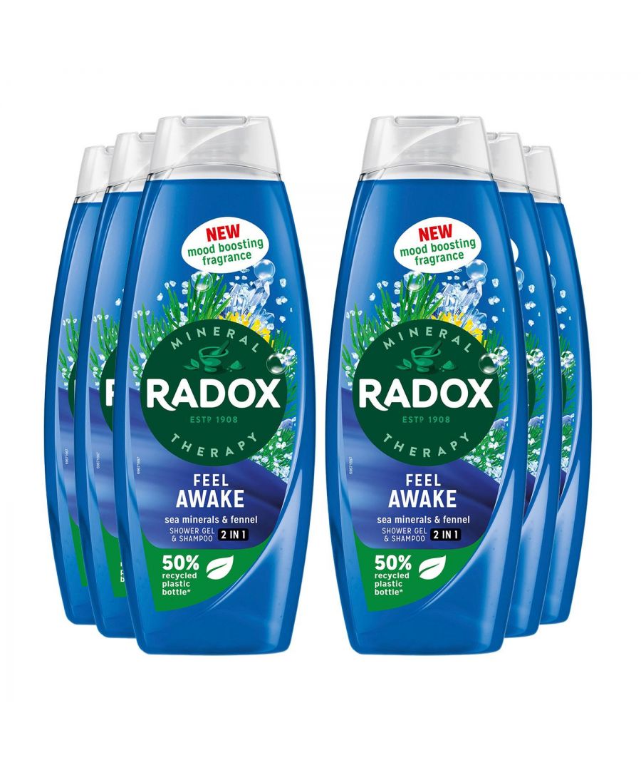 RADOX Mineral Therapy Feel Awake 2-in-1 Shower Gel & Shampoo cleanses your skin and recharges your batteries, making you feel refreshed with its new mood-boosting fragrance. It goes beyond cleansing the body and awakens your senses with the revitalizing scents of sea minerals and fennel. This refreshing skin cleanser features our unique blend of 4 minerals and 13 herbs, which activates with hot water to transform your shower into a mineral therapy ritual. Suitable for daily use, our body wash rinses off easily, leaving your skin feeling fresh and clean.\n\nRADOX Mineral Therapy Feel Awake 2-in-1 Shower Gel & Shampoo provides a refreshing shower experience that refreshes your senses. Our shower gel & shampoo is made with a unique blend of minerals and herbs which activates with hot water to cleanse and refresh you. Feel the fresh, energizing sea breeze invigorate you with RADOX Feel Awake Shower Gel, infused with a new mood-boosting fragrance of sea minerals and fennel. Our body wash is suitable for daily use – simply squeeze it out, lather on hair and body, and indulge in a refreshing shower experience. This skin cleanser is pH neutral and suitable for all skin types.RADOX shower gels come in 50% recycled (excluding cap and label), 100% recyclable, and 100% refillable bottles and can be used with the NEW Radox Feel Awake 500 ml Shower Gel Refill Pouch.\n\nHow to use: Apply when showering or bathing. Apply to the skin all over your body and then wash off with hot water. Suitable for everyday use.\n\nSafety Warning: Shower Gel & Body and Face Wash & Body Scrubs Avoid contact with eyes. If contact occurs, rinse thoroughly with water.\n\nBox Contain:6xRadox 2in1 Body Wash & Shampoo, Feel Awake - 675ml